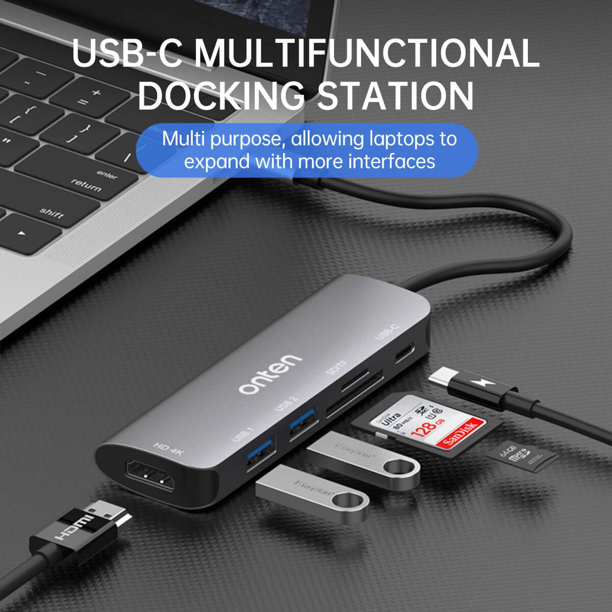 Onten 95116D USB-C docking station connected to a laptop, showcasing multiple ports for USB drives, SD cards, and HDMI output for expanded functionality.